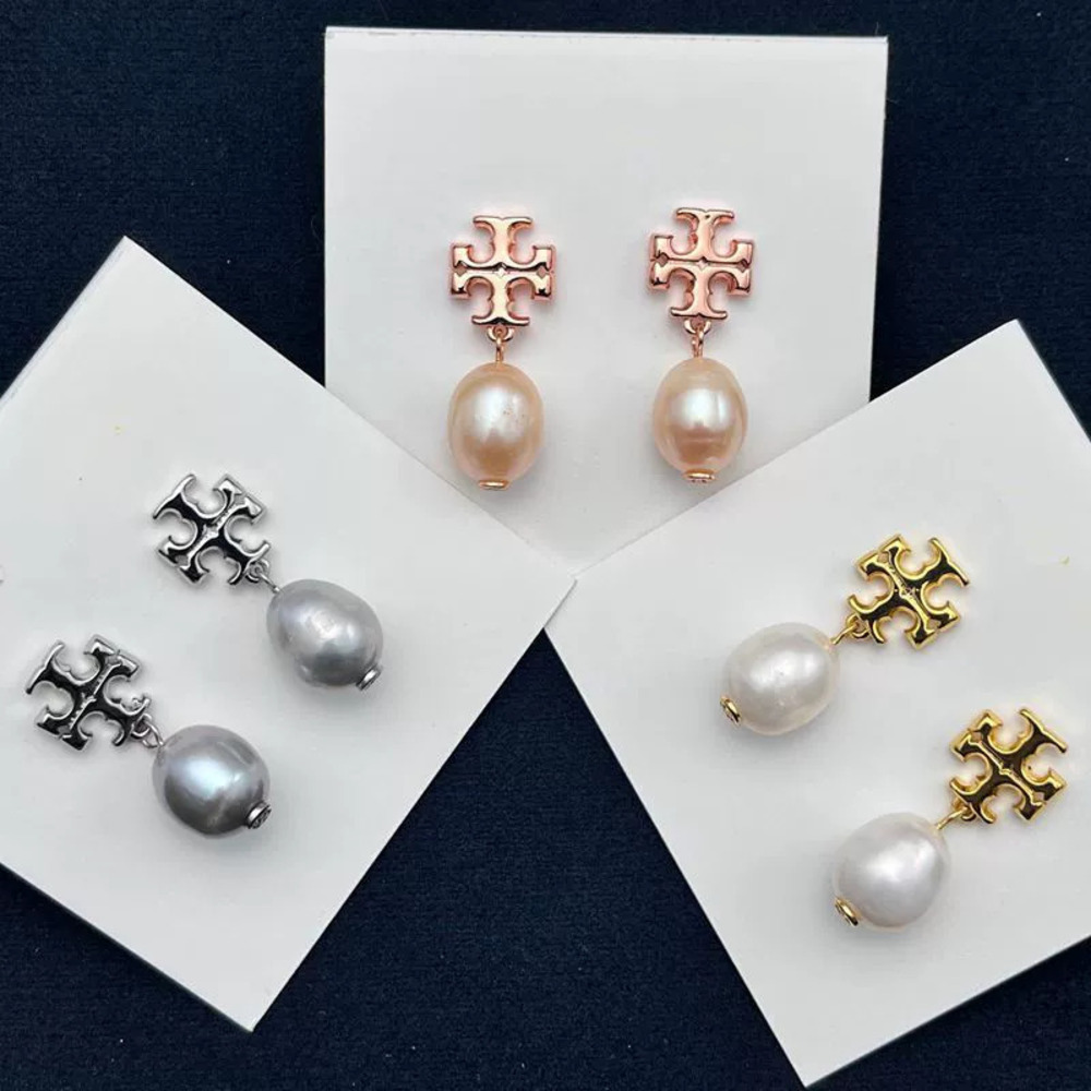 Tory Burch Freshwater Pearl Gold Plated Copper Logo Letter Earrings